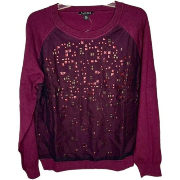 Naeem Khan Timeless Long Sleeve Sweater w/ Pyramid Studs & Mesh - Maroon - XL - Picture 1 of 7